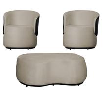 Kit 2 Poltronas Decorativas e 1 Puff Grande Design Beatriz Tecido Suede Mesclado material sintético Preto - Estopar