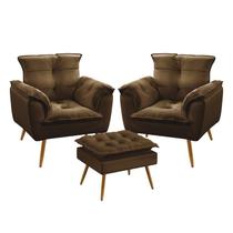 Kit 2 Poltronas Decorativas Estofada para Sala de Estar Beta e Puff Lunar Sued Marrom Aradecor