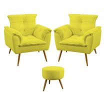 Kit 2 Poltronas Decorativas Estofada Para Sala De Estar Beta e Puff Solar Sued Amarelo Aradecor