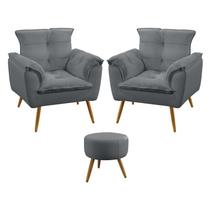 Kit 2 Poltronas Decorativas Estofada para Sala de Estar Beta e Puff Solar Sued Cinza Aradecor