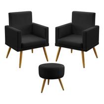 Kit 2 Poltronas Decorativas Estofada Para Sala De Estar Nina e Puff Solar Com Rodapé Sued Preto Aradecor