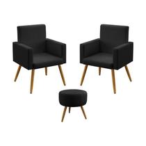Kit 2 Poltronas Decorativas Estofada Para Sala De Estar Nina e Puff Solar Sued Preto Aradecor