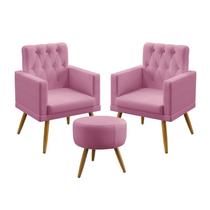 Kit 2 Poltronas Decorativas Estofada Para Sala De Estar Nina Puff Solar Com Rodapé E Botões Capitonê Sued Rosê Aradecor