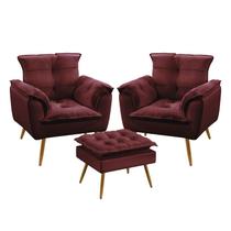 Kit 2 Poltronas Decorativas Estofada Para Sala De Estar Opala e Puff Lunar Sued Bordô Aradecor
