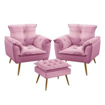Kit 2 Poltronas Decorativas Estofada Para Sala De Estar Opala e Puff Lunar Sued Rosê Aradecor