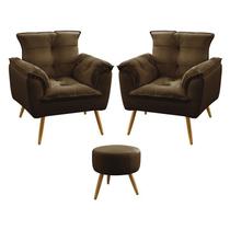 Kit 2 Poltronas Decorativas Estofada Para Sala De Estar Opala e Puff Solar Sued Marrom Aradecor