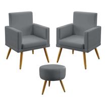 Kit 2 Poltronas Decorativas Estofada Para Sala De Estar Vega e Puff Solar Com Rodapé Sued Cinza Aradecor