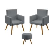 Kit 2 Poltronas Decorativas Estofada Para Sala De Estar Vega e Puff Solar Sued Cinza Aradecor