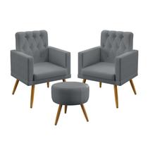 Kit 2 Poltronas Decorativas Estofada Sala De Estar Nina e Puff Solar Com Rodapé E Botões Capitonê Sued Cinza Aradecor