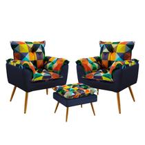Kit 2 Poltronas Decorativas Estofadas Beta com Puff Lunar Sued Estampado Colorido com Azul Marinho A