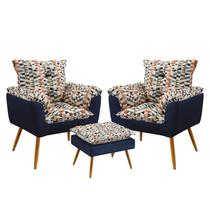 Kit 2 Poltronas Decorativas Estofadas Beta com Puff Lunar Sued Estampado Laranja com Azul Marinho Ar Kit 2 Poltronas Decorativas Estofadas Beta com Puff Lunar Sued Estampado Laranja com Azul Marinho Ar