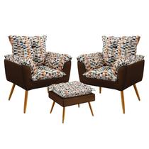 Kit 2 Poltronas Decorativas Estofadas Beta com Puff Lunar Sued Estampado Laranja com Marrom Aradecor