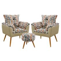 Kit 2 Poltronas Decorativas Estofadas Beta com Puff Solar Sued Estampado Laranja com Bege Aradecor