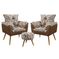 Kit 2 Poltronas Decorativas Estofadas Beta com Puff Solar Sued Estampado Laranja com Capuccino Arade
