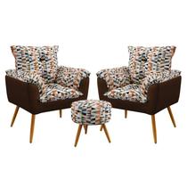 Kit 2 Poltronas Decorativas Estofadas Beta com Puff Solar Sued Estampado Laranja com Marrom Aradecor Kit 2 Poltronas Decorativas Estofadas Beta com Puff Solar Sued Estampado Laranja com Marrom Aradecor