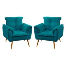 Kit 2 Poltronas Decorativas Estofadas Beta Sued Azul Turquesa Aradecor