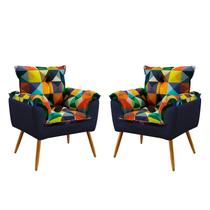 Kit 2 Poltronas Decorativas Estofadas Beta Sued Estampado Colorido com Azul Marinho Aradecor Kit 2 Poltronas Decorativas Estofadas Beta Sued Estampado Colorido com Azul Marinho Aradecor