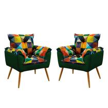 Kit 2 Poltronas Decorativas Estofadas Beta Sued Estampado Colorido com Verde Aradecor