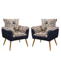 Kit 2 Poltronas Decorativas Estofadas Beta Sued Estampado Laranja com Azul Marinho Aradecor