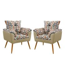 Kit 2 Poltronas Decorativas Estofadas Beta Sued Estampado Laranja com Bege Aradecor