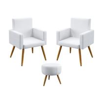 Kit 2 Poltronas Decorativas Estofadas Nina Com Puff Solar Para Sala de Estar Couro Branco Aradecor