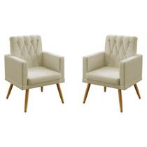 Kit 2 Poltronas Decorativas Estofadas Nina Com Rodapé e Botões em Capitonê Para Sala de Estar Sued Bege Aradecor