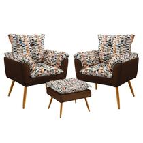 Kit 2 Poltronas Decorativas Estofadas Opala com Puff Lunar Sued Estampado Laranja com Marrom Aradecor