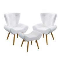 Kit 2 Poltronas Decorativas Estofadas Polaris Com Puff Polar Para Sala de Estar Couro Branco Aradecor