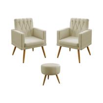 Kit 2 Poltronas Decorativas Estofadas Vega Rodapé e Botões Com Puff Solar Para Sala de Estar Sued Bege Aradecor