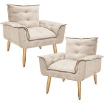 Kit 2 Poltronas Decorativas Lidi Suede Creme Pés Palito Caramelo para Sala de Estar Luxo - Bela Decor