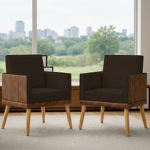 Kit 2 Poltronas Decorativas Lis Para Sala Quarto Recepção Escritório Consultório Suede e Material Sintético Assento Confortável Pé Palito Castanho