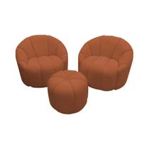 Kit 2 Poltronas Decorativas Luxo Safira com Puff Veludo Laranja Terracota