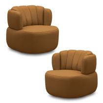 Kit 2 Poltronas Decorativas Mariele Sala de Estar Base Giratória em Aço Couro Caramelo G88 - Gran Belo Kit 2 Poltronas Decorativas Mariele Sala de Estar Base Giratória em Aço Couro Caramelo G88 - Gran Belo