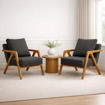 Kit 2 Poltronas Decorativas Mona Premium Base Madeira Maciça Linho Cinza
