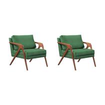Kit 2 Poltronas Decorativas Mona Premium Base Madeira Maciça Linho Verde