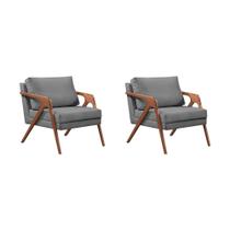 Kit 2 Poltronas Decorativas Mona Premium Base Madeira Maciça Veludo Cinza