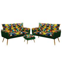 Kit 2 Poltronas Decorativas Namoradeira Beta com Puff Lunar Sued Estampado Colorido com Verde Aradec Kit 2 Poltronas Decorativas Namoradeira Beta com Puff Lunar Sued Estampado Colorido com Verde Aradec