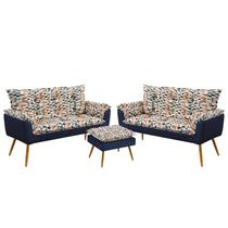 Kit 2 Poltronas Decorativas Namoradeira Beta com Puff Lunar Sued Estampado Laranja com Azul Marinho Kit 2 Poltronas Decorativas Namoradeira Beta com Puff Lunar Sued Estampado Laranja com Azul Marinho