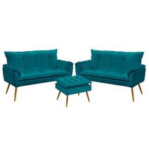 Kit 2 Poltronas Decorativas Namoradeira Opala com Puff Lunar Sued Azul Turquesa Aradecor Kit 2 Poltronas Decorativas Namoradeira Opala com Puff Lunar Sued Azul Turquesa Aradecor