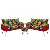 Kit 2 Poltronas Decorativas Namoradeira Opala com Puff Solar Sued Estampado Colorido com Vermelho Aradecor Kit 2 Poltronas Decorativas Namoradeira Opala com Puff Solar Sued Estampado Colorido com Vermelho Aradecor