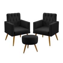 Kit 2 Poltronas Decorativas Nina e Puff Solar Com Rodapé E Botões Capitonê Sued Preto Aradecor