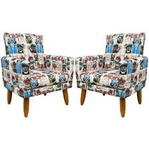 Kit 2 Poltronas Decorativas Nina Infantil Suede Estampa Desenhos Pé Castanho - Clique E Decore