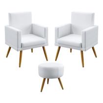 Kit 2 Poltronas Decorativas Nina Rodapé Com Puff Solar Para Sala de Estar Couro Branco Aradecor