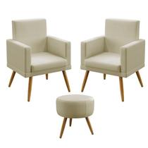 Kit 2 Poltronas Decorativas Nina Rodapé Com Puff Solar Para Sala de Estar Sued Bege Aradecor