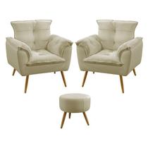 Kit 2 Poltronas Decorativas Opala Com Puff Solar Para Sala de Estar Sued Bege Aradecor