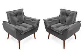Kit 2 poltronas decorativas Opala grafite para sala quarto recepção suede luxo