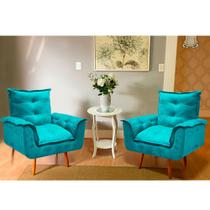 Kit 2 Poltronas Decorativas Opala Lolla Luxo para Sala Suede Azul Turquesa - Bela Móveis