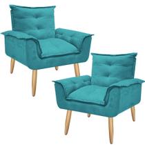 Kit 2 Poltronas Decorativas Opalla Suede Azul Turquesa Pés Palito Caramelo para Sala de Estar Luxo - Bela Decor