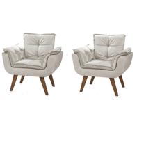 Kit 2 Poltronas Decorativas Opalla Suede Creme Pés Palito Caramelo para Sala de Estar Luxo - Bela Decor