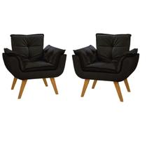 Kit 2 Poltronas Decorativas Opalla Suede Preto Pés Palito Caramelo para Sala de Estar Luxo - Bela Decor